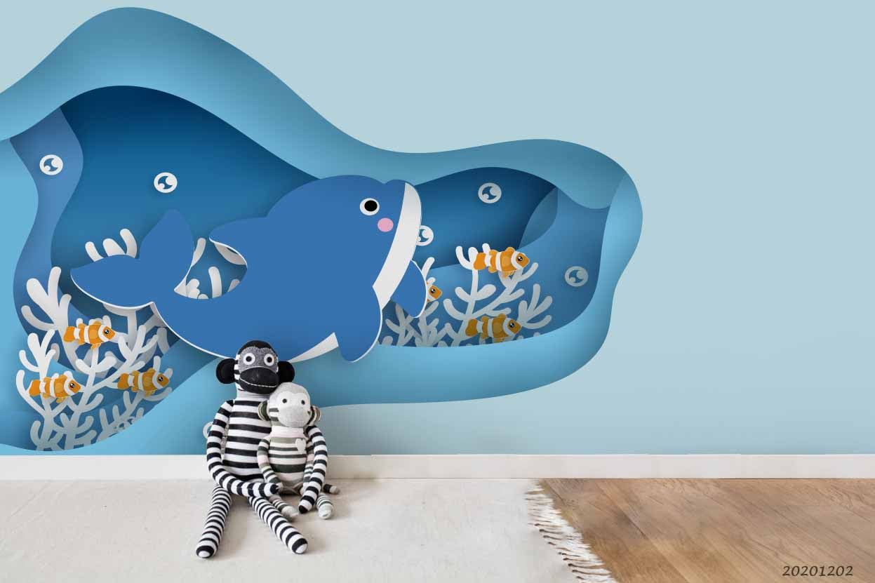 3D Cartoon Blue Ocean Whale Bubble Coral Wall Mural Wallpaper Lxl