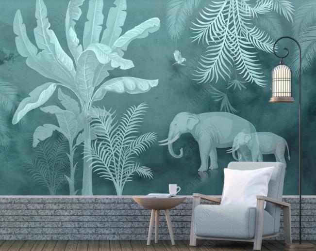 3D Hand-Painted Tropics Rain Forest  Elephant Wall Mural Wallpaper Sww2058