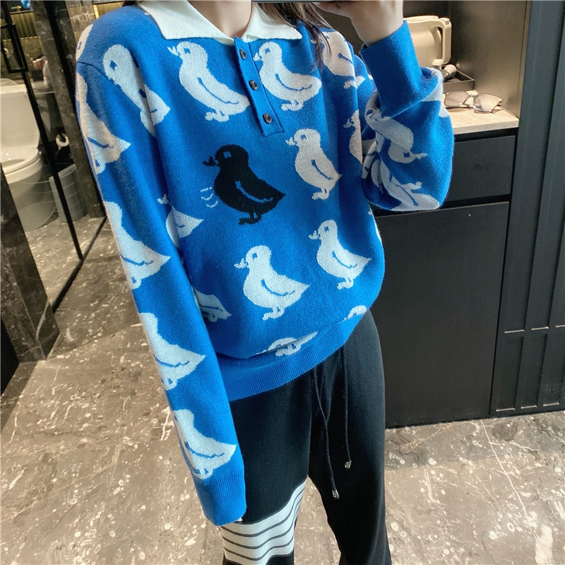 Spring and autumn cute age-reducing blue duck pattern lapel sweater casual all-match polo collar sweater alx