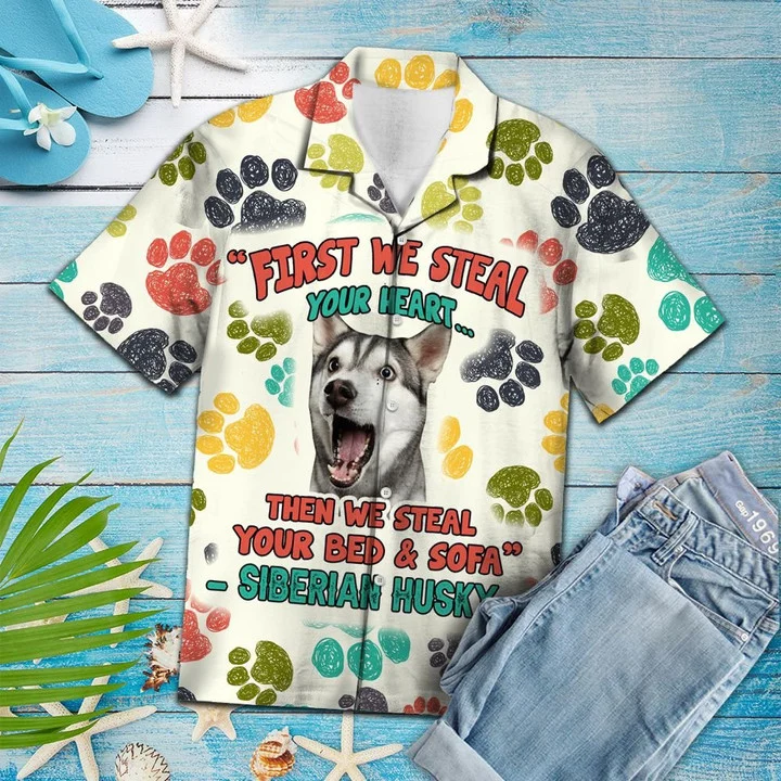 Funny Siberian Husky Steal Your Heart And Bed Pattern Hawaii Shirt Ha94463