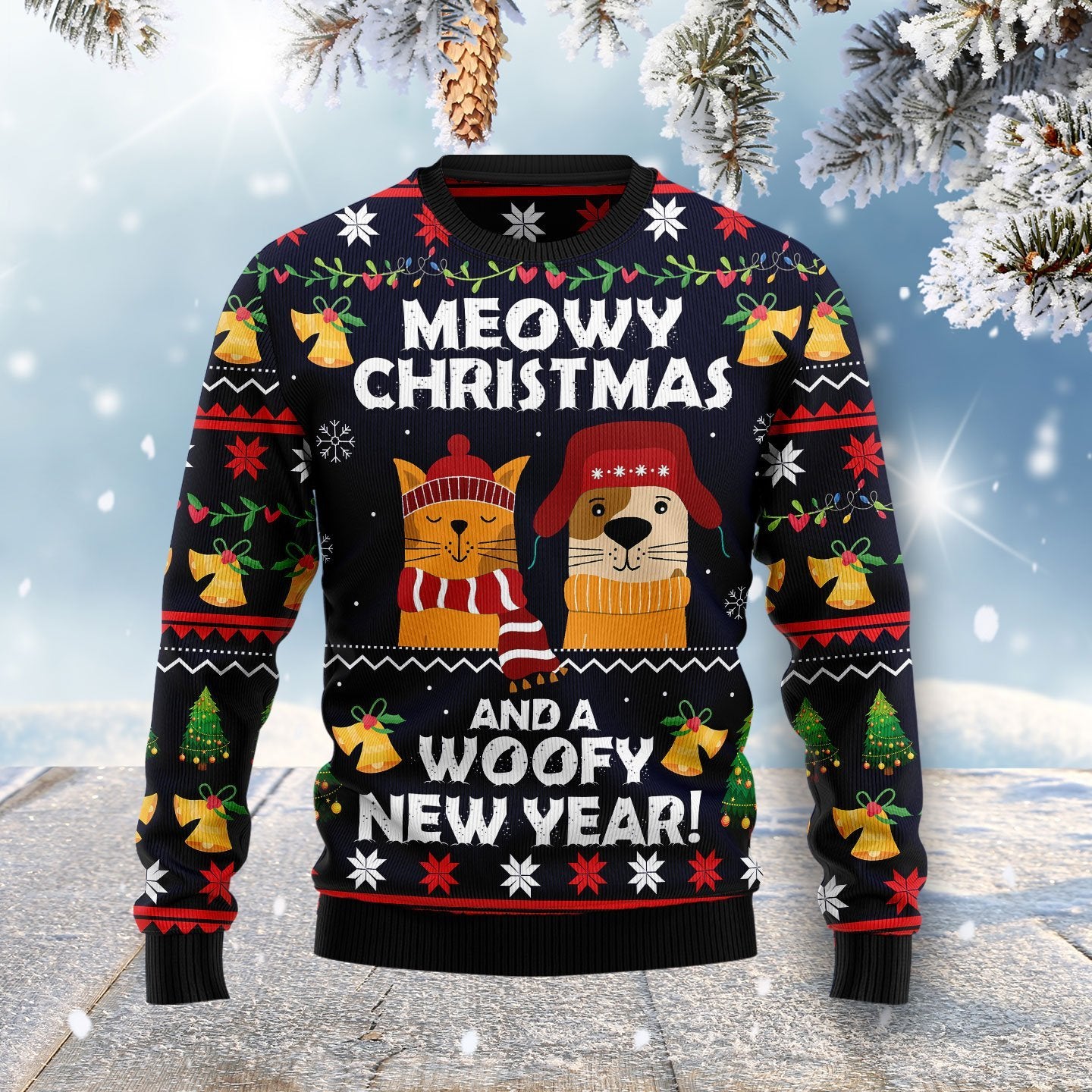 Meowy Christmas And Woofy New Year Ugly Christmas Sweater | For Men & Women | Adult | Us6059