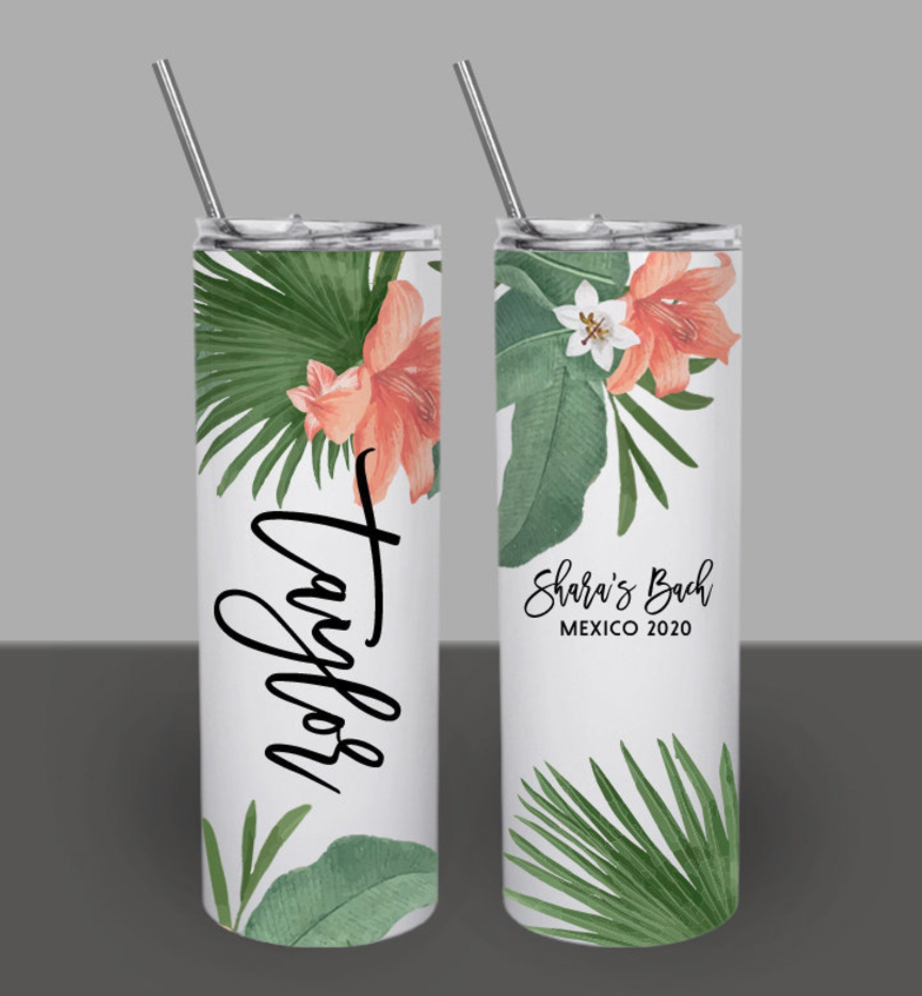 Tropical Banana Leaf Lily Palm Bridesmaid Tumblers, Personalized 20Oz Skinny Tumbler, Custom Tumbler,Bachelorette Party Cups,Bridesmaid Gift