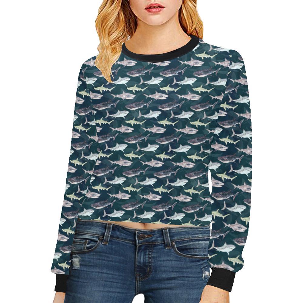 Shark Pattern Print Cropped Pullover Sweatshirt