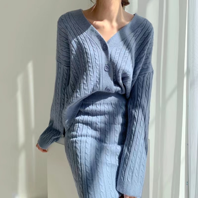 Women’s Autumn Winter Elegant Sweater Two Pieces Set V Neck Single Breasted Cardigan with Elastic Waist Long Trumpet Skirts alx