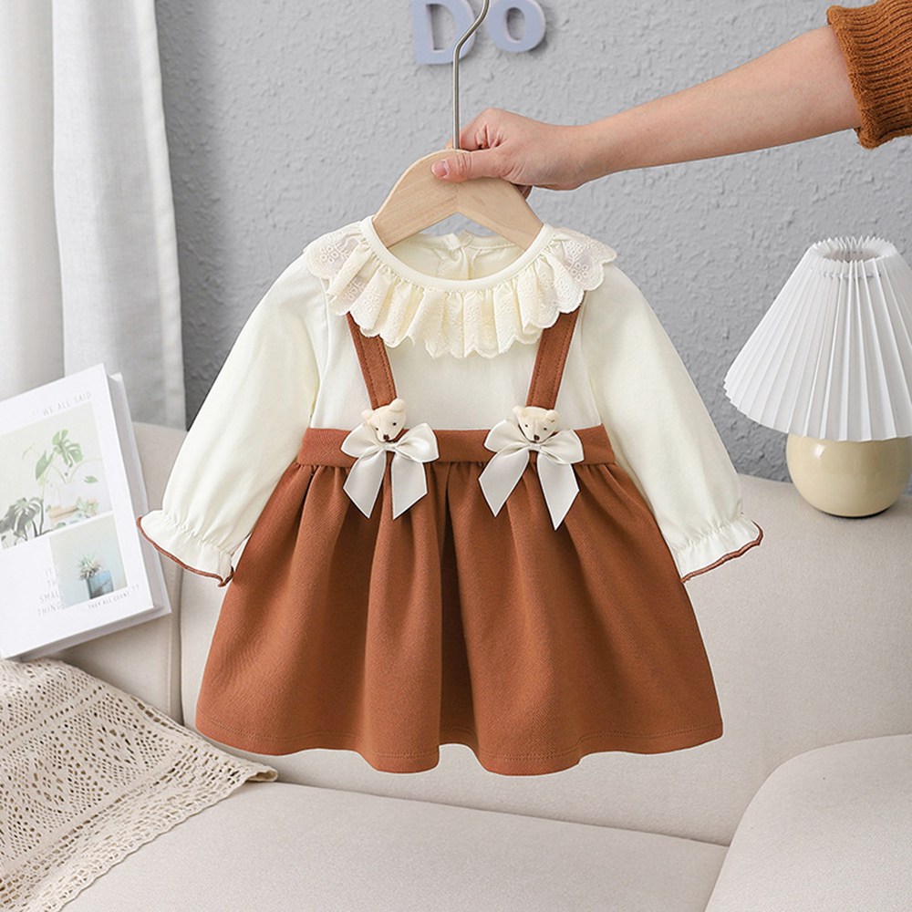 Sweet Spring Autumn Girls Kids Princess Dress Long Sleeve Faux Two Pieces Children Baby Infants Bow Dresses Vestidos ADK1111 alx