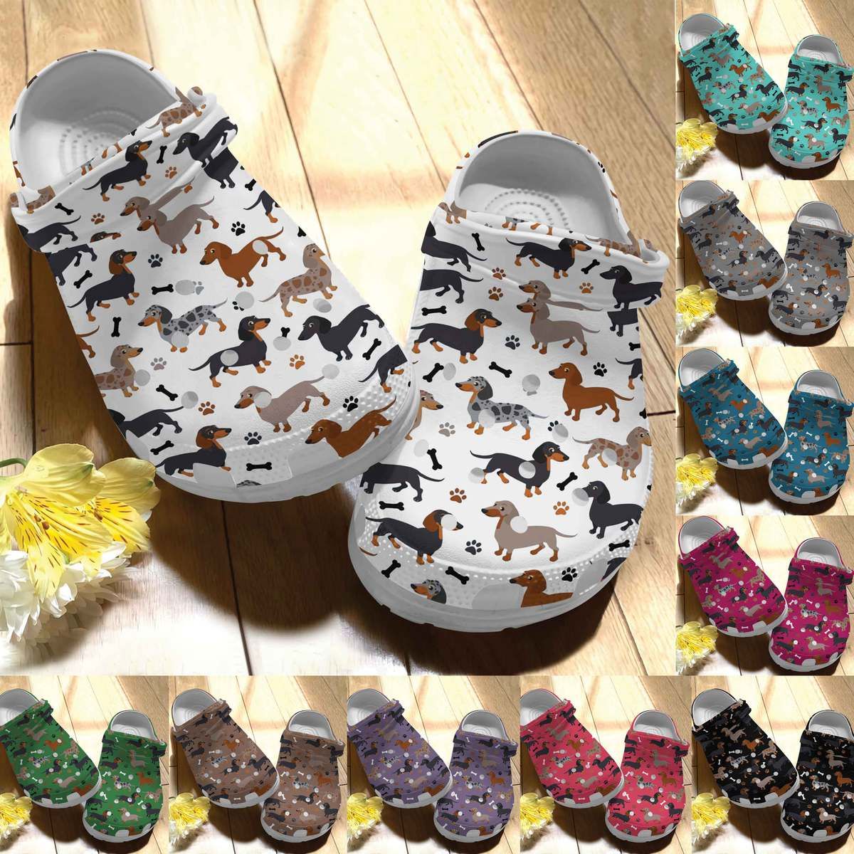 Dachshund Personalize Clog, Custom Name, Text, Fashion Style For Women, Men, Kid, Print 3D Whitesole Dachshund Pattern 5