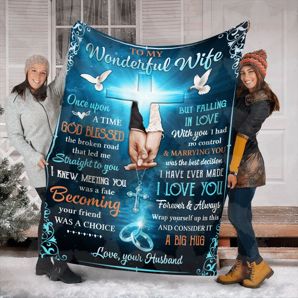 Cross To My Wonderful Wife Sherpa Blanket Once Upon A Time God Blessed The Broken Road That Led Me Straight To You – Valetines Day Gifts – Valentine Gift For Wife – Blanket Valentine For Wife