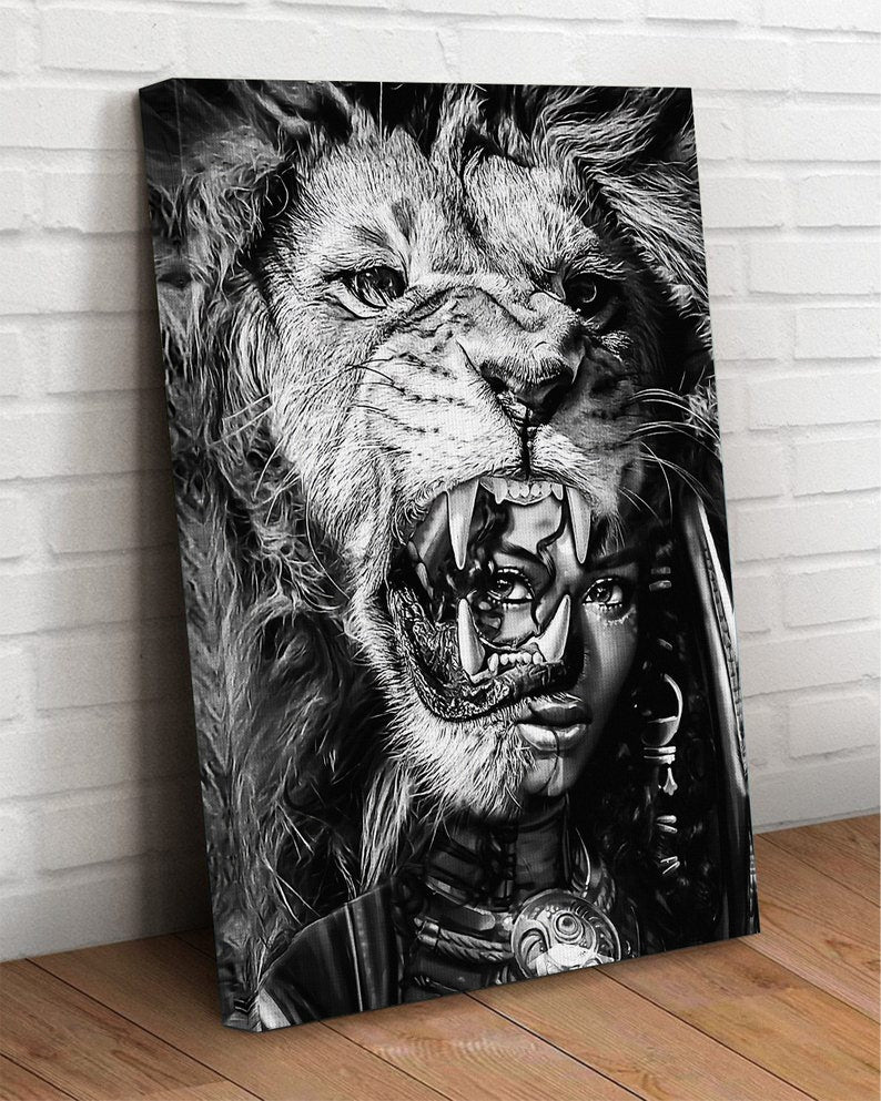 Lion And Black Girl Canvas Wall Art, African American Canvas, Black Pride Poster Canvas, Black Girl Strong, Wall Art Decor, Home Decor