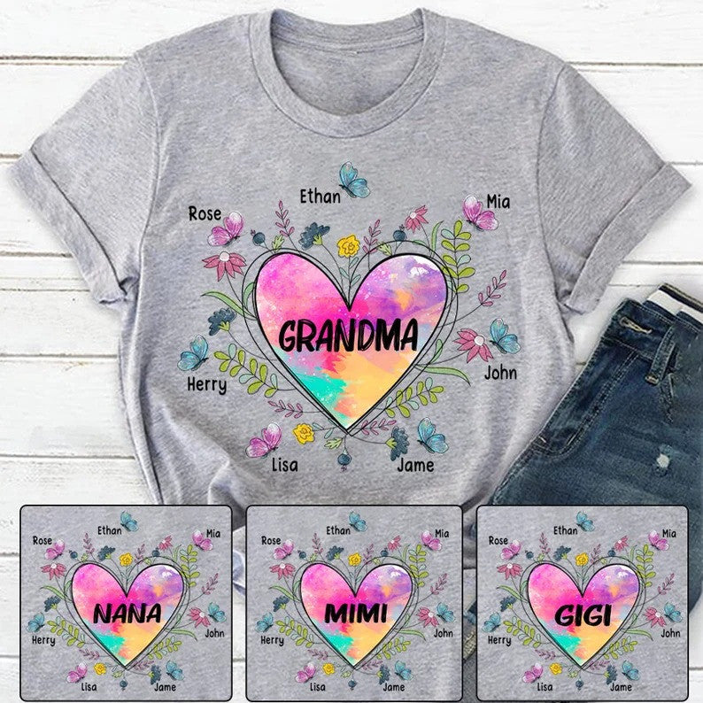 Shirt For Grandma Nana, Grandma Heart With Grandkids Flower Art T-Shirt, Personalized Mothers Day Shirt For Nan With Custom Grandkids