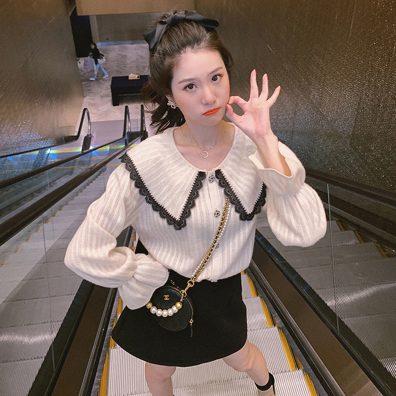 Sueters De Mujer Korean Fashion Hit Color Flare Sleeve Knitted Sweater Coat Autumn Doll Cropped Cardigan White Oversize Tops alx