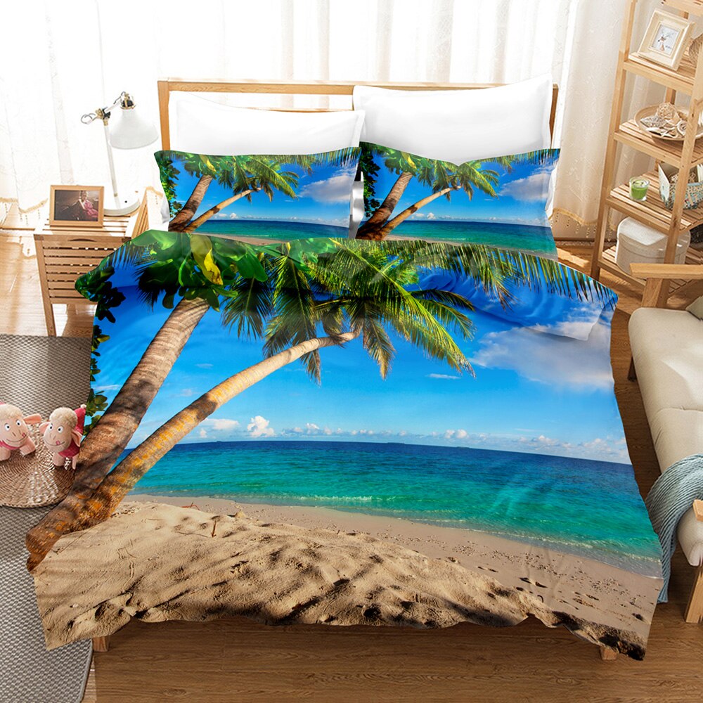 Palm Tree Scenery Bedding Set Blue Sky Lake Modern 3D Duvet Cover ...