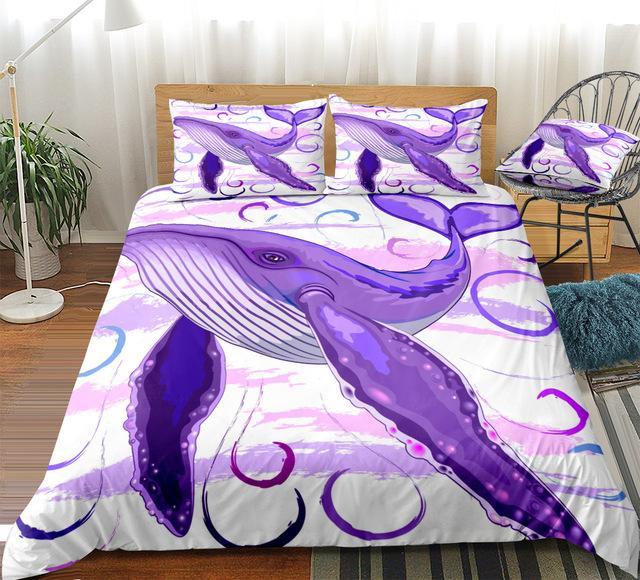 3D Purple Whale 3 Pieces Quilted Comforter Set