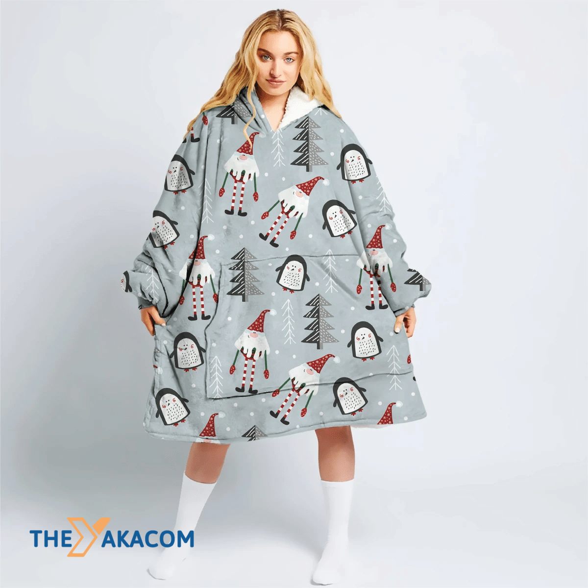 Theme Christmas Funny Penguins And Gnome Hoodie Blanket