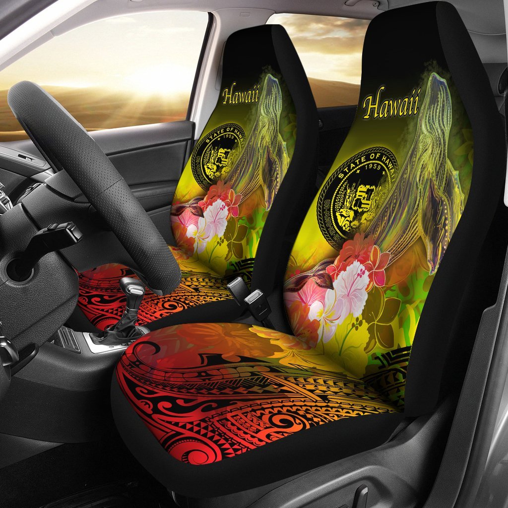 Polynesian Hawaii Car Seat Covers – Humpback Whale with Tropical Flowers (Yellow)- BN18