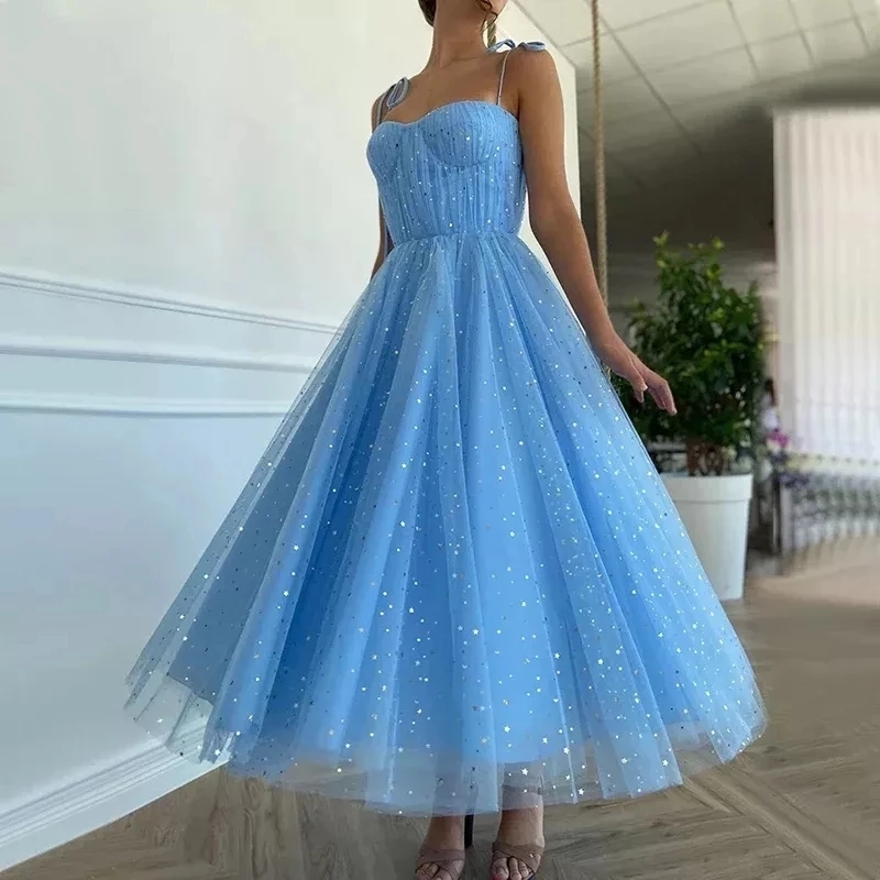 Blue Princess Prom Dresses Sparkly Starry Tulle Strapless Short Prom Gowns Pleated Tea-Length A-Line Formal Party Gowns alx