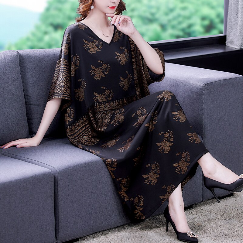 Women Floral Mulberry Silk 5XL Plus Size Midi Dress Summer Korean Vintage Casual Dresses 2022 New Elegant Loose Party Vestidos alx