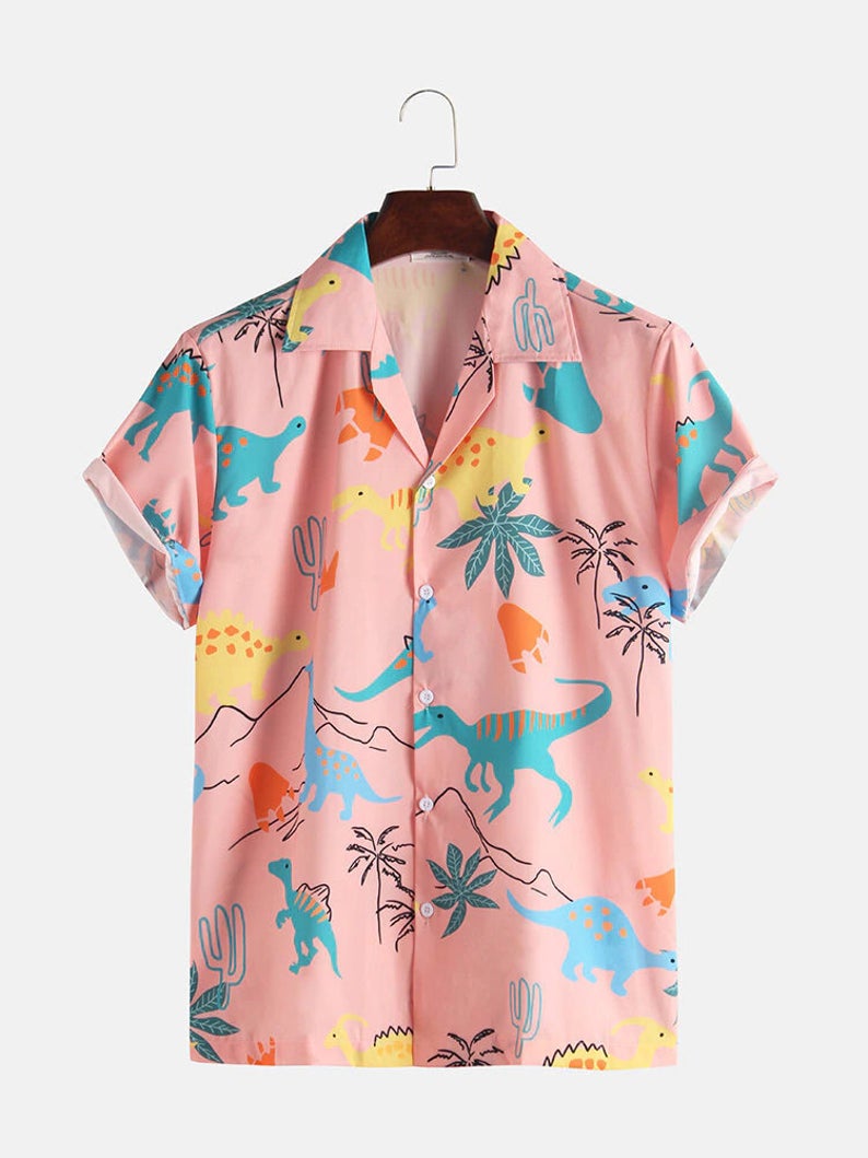 Fashion Hawaiian Shirt Mens, Funny Style Dinosaur Cartoon Printed, Short Sleeve Pink Shirts Men, Mens Hawaiian Shirt, Hawaiian Shirt