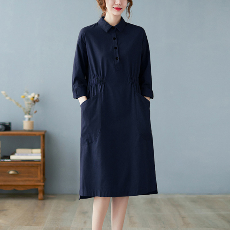 2022 New Arrival Korea Style Cotton Linen Pockets Fashion Blouse Autumn Dress Women Casual Spring Dress Office Lady Work Dress alx