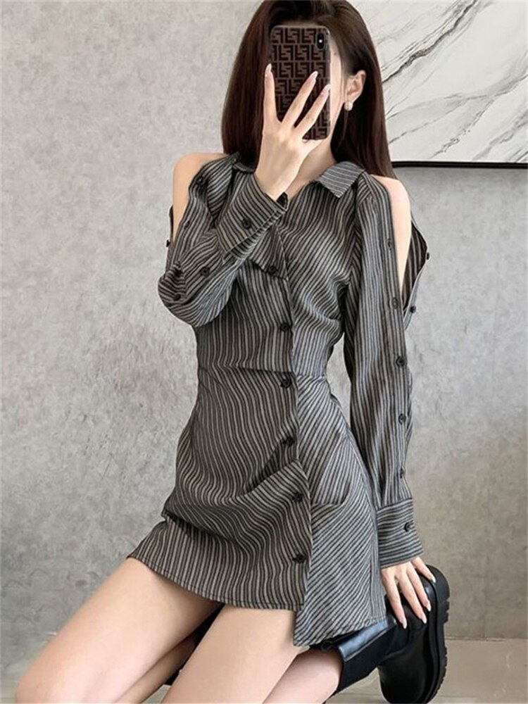 2022 Women Spring Summer Off Shoulder Striped Mini Dress alx