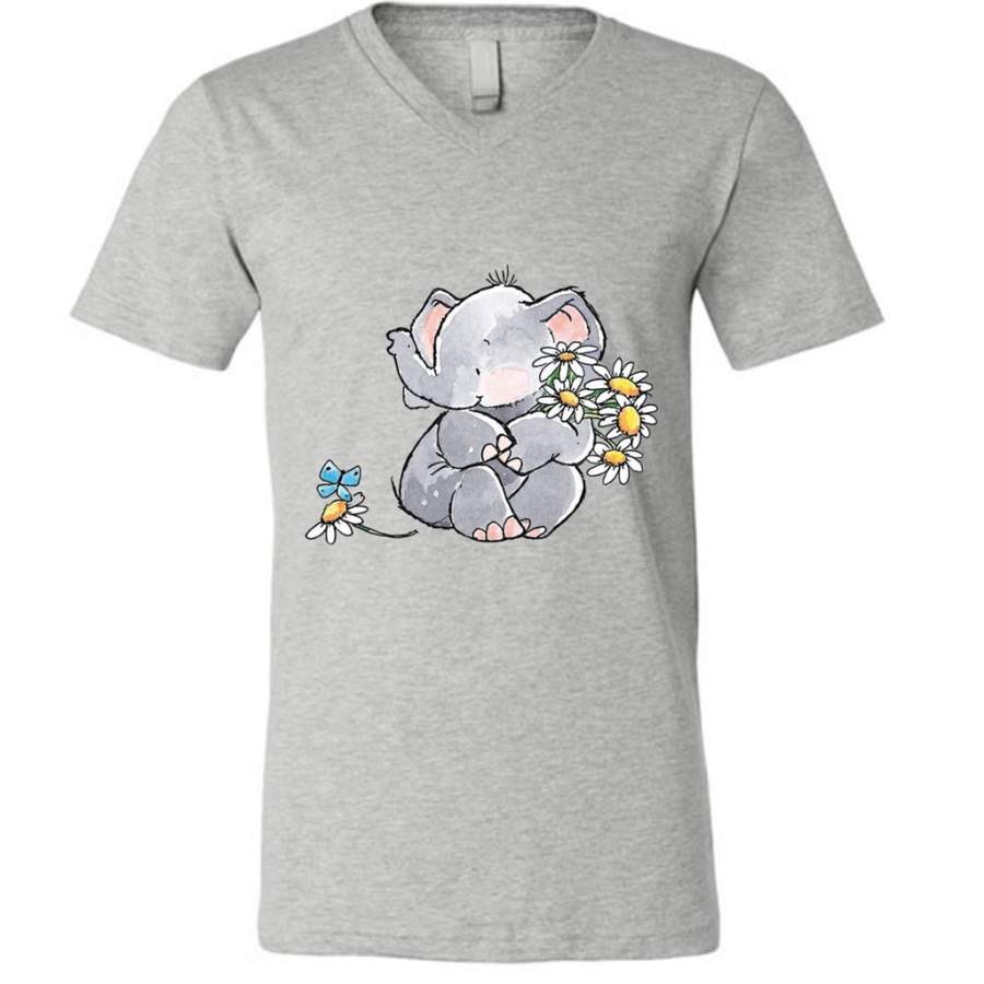 Watercolor Cute Baby Elephant With Butterfly and Flowers – Canvas Unisex V-Neck Shirt