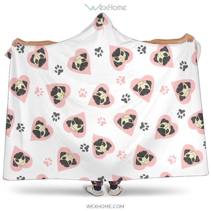 Cute Pugs Pink Heart Paw Pattern Hooded Blanket