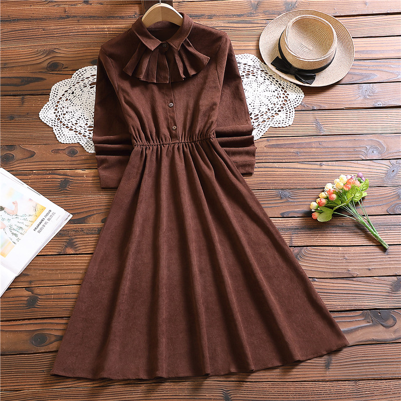 Spring autumn fashion long sleeve elagant dress for women Mori girl cute sweet coffee dress alx