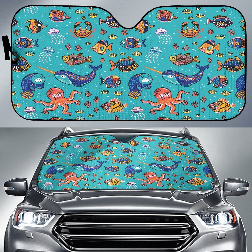 Manatee Whale Fish Octopus Pattern Print Auto Sun Shade Car Windshield Window Cover Sunshade