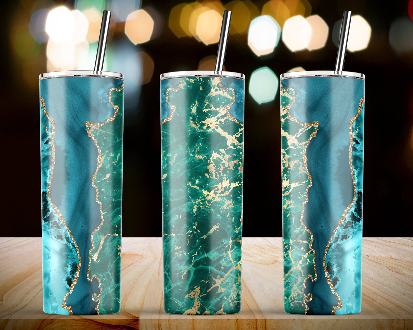 Agate Teal Gold Marble Glitter 20Oz Skinny Tumbler