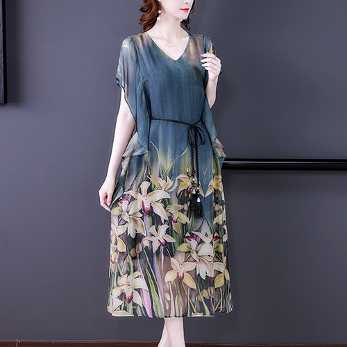 2022 Loose Print Natural Silk Midi Dress Summer Vintage Casual Chiffon Dress Elegant Women Bodycon Party Evening Vestidos alx