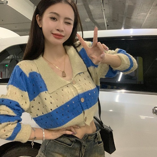 Cropped Cardigan Women Striped Hollow Out Retro Mujer Sweaters Knitted Sexy Elegant Y2k Cool Streetwear Preppy Tender Young Chic alx