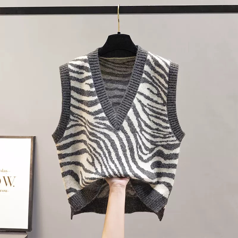 Sleeveless Striped Knitted Sweater Vest Women Autumn Winter Vintage V-neck Zebra Print Sweaters Loose Pullover Women Vests 23665 alx