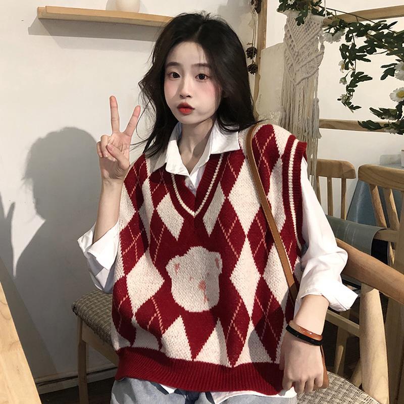 2022 Autumn Korean Fashion Sweater Vest Vintage Argyle Knitted Cute Bear Red Tops V Neck School Style Pulls alx