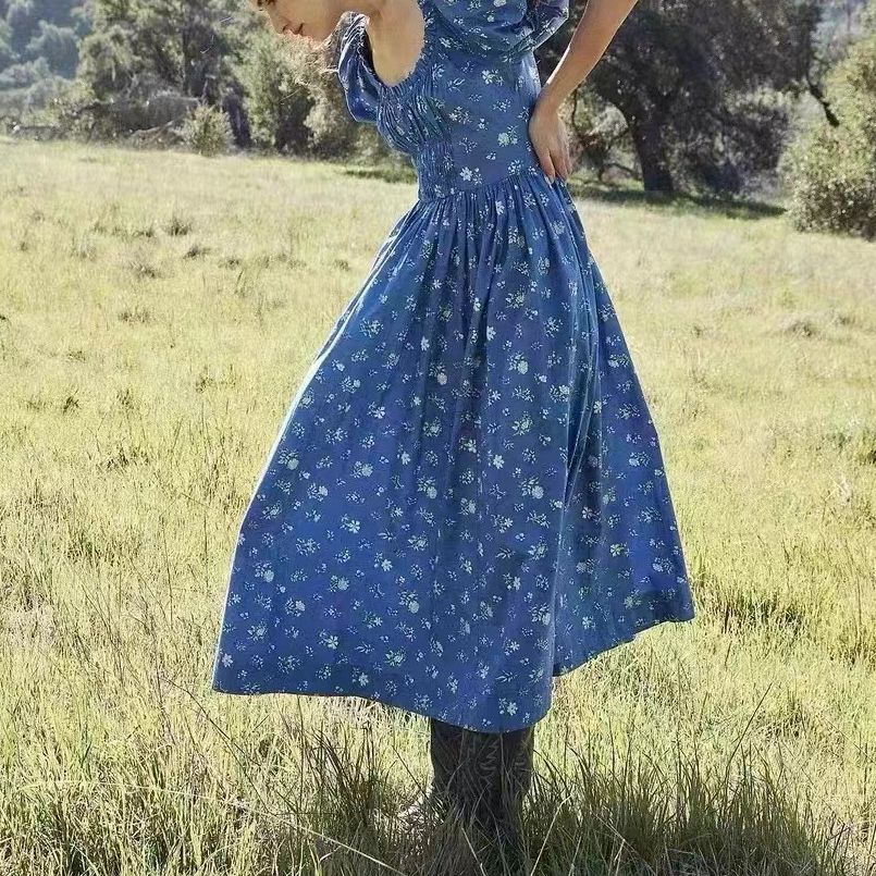 2022 Autumn Women Blue Pleated Midi Dress U Neck Puff Sleeve Floral Print Female 2022 Early Autumn Robes alx