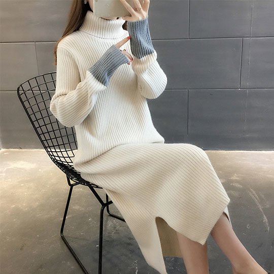 2021 Autumn Winter Loose Long Thick Sweater Dress Women’s Long Sleeve Straight Dress Women’s Warm Long Knit Women’s Dress alx