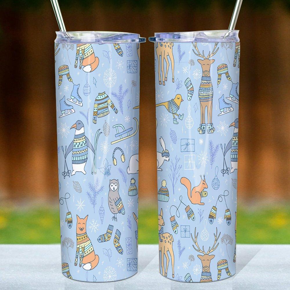 Woodland Animals Christmas Pattern Skinny Tumbler, Merry Christmas Tumbler