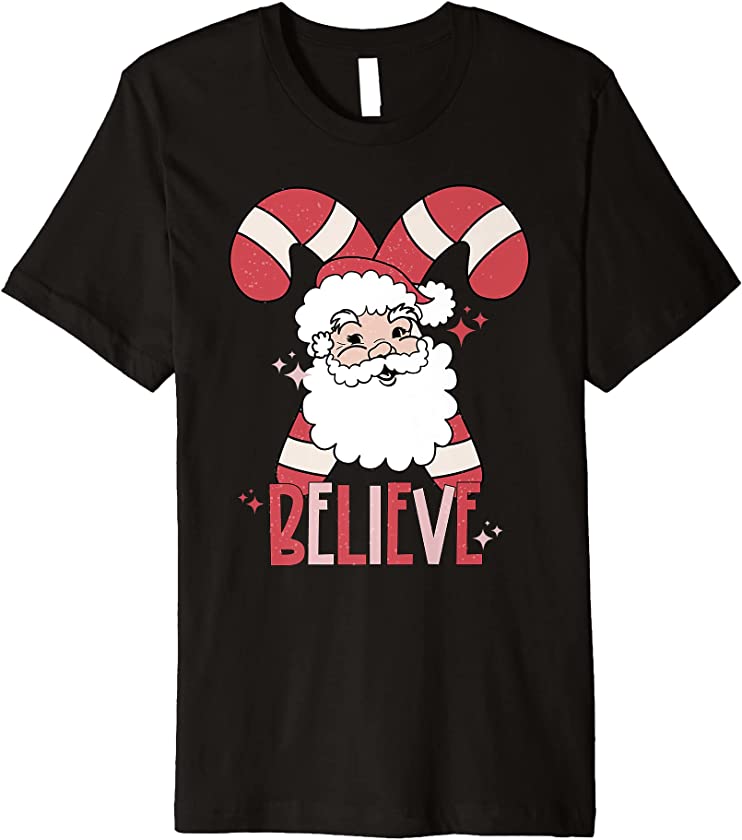 Retro Believe Santa Claus And Candy Cane Merry Christmas Premium T-Shirt