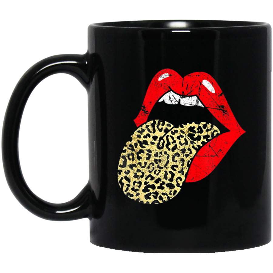 Vintage Red Lips Leopard Tongue Trendy Animal Print Black Mug