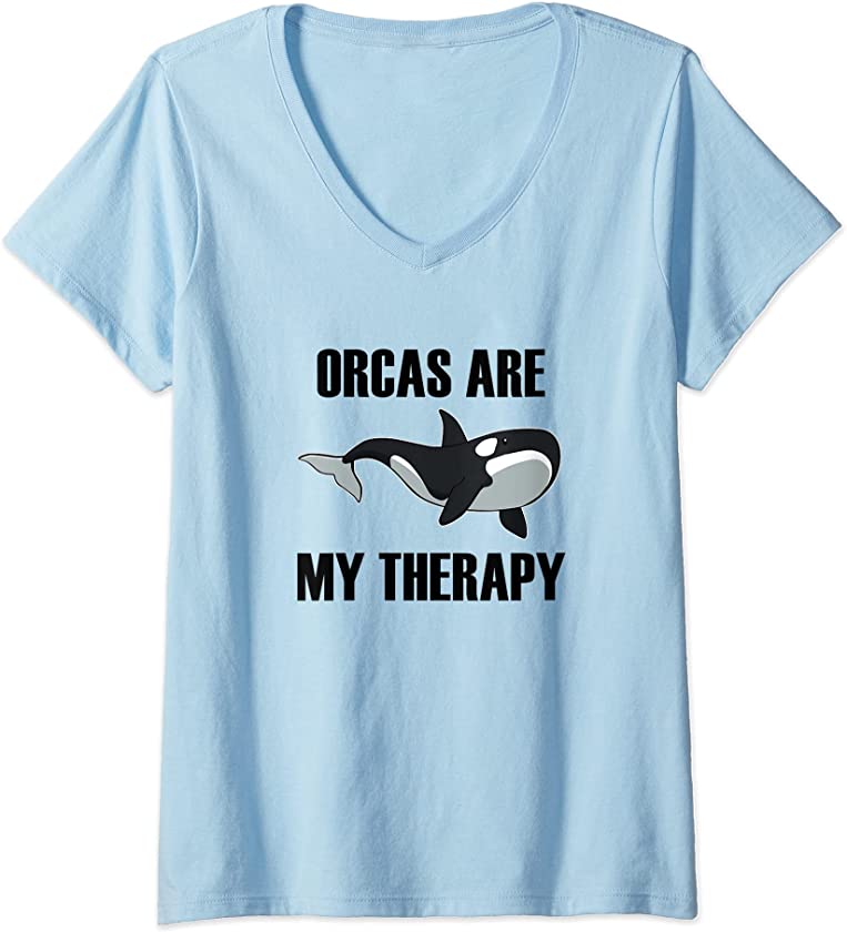 Womens Orcas as Therapy Funny Saying Whale Ocean V-Neck T-Shirt