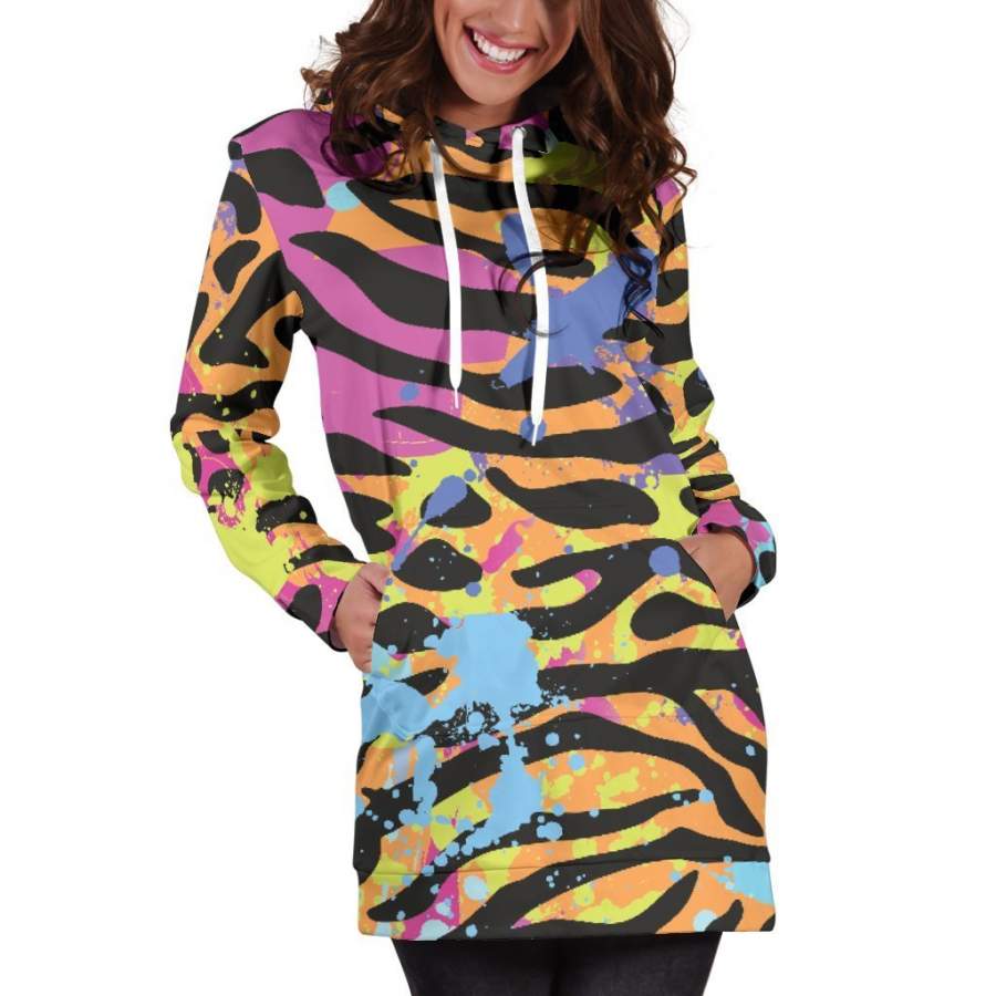 Colorful Zebra Leopard Pattern Print Hoodie Dress