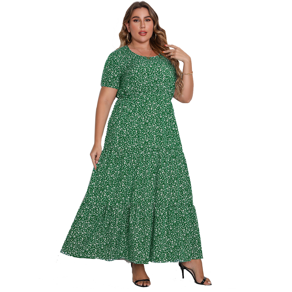 SOMOSHEIN Plus Size Women Clothing Fashion Floral Print Short Sleeve Round Neck Elegant Green Dress Wholesale Dropshipping alx