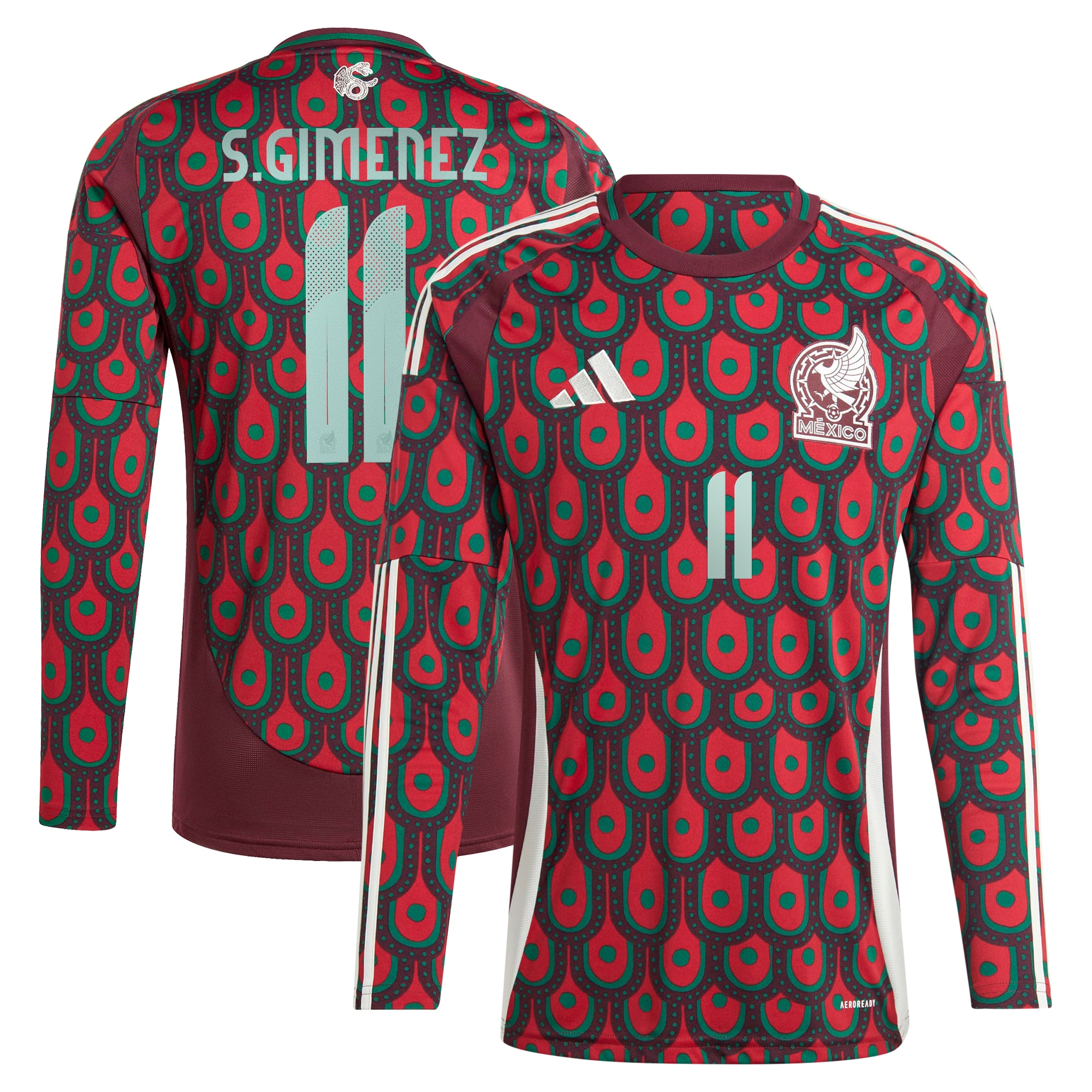 Santiago Giménez Mexico National Team 2024 Home Replica Player Long Sleeve Jersey – Burgundy