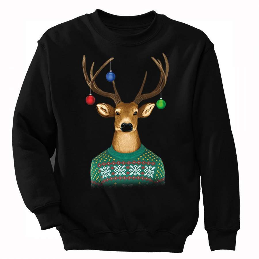 XtraFly Apparel Men’s Reindeer Wearing  Sweater Ornaments Ugly Christmas Pullover Crewneck-Sweatshirt