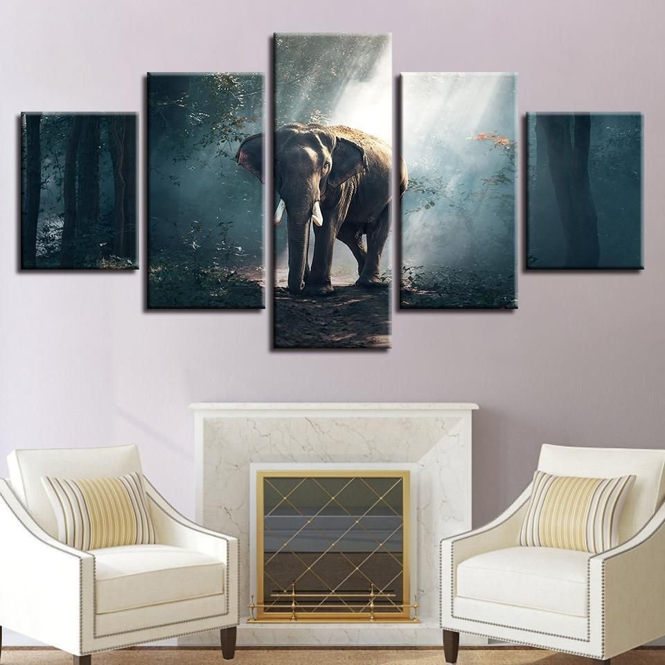 African Forest Elephant Animal 5 Panel Canvas Art Wall Decor