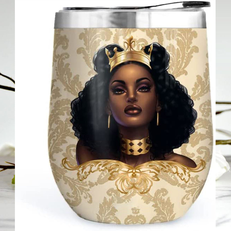 12Oz Black Women Wine Tumbler, Black Queen Painting Art Wine Tumbler, Gift For Black