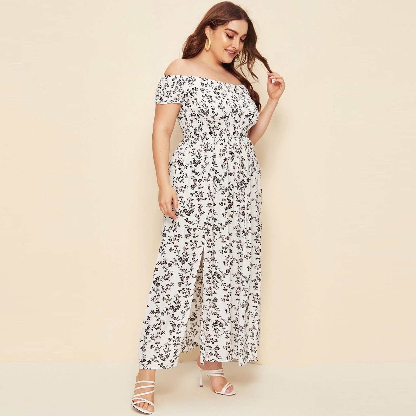 Split Fork Floral Printed Women Summer Dress 4XL Women Summer Clothes Plus Size Off Shoulder Sexy Dress ropa mujer 2021 vestidos alx