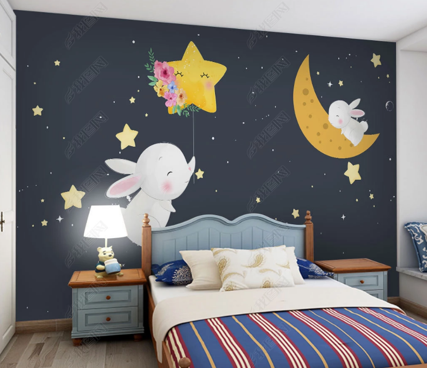 3D Cartoon Rabbit Star Moon Wall Mural Wallpaper Lqh 101