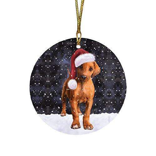 Let It Snow Christmas Holiday Rhodesian Ridgeback Puppy Dog Wearing Santa Hat Round Ornament D233