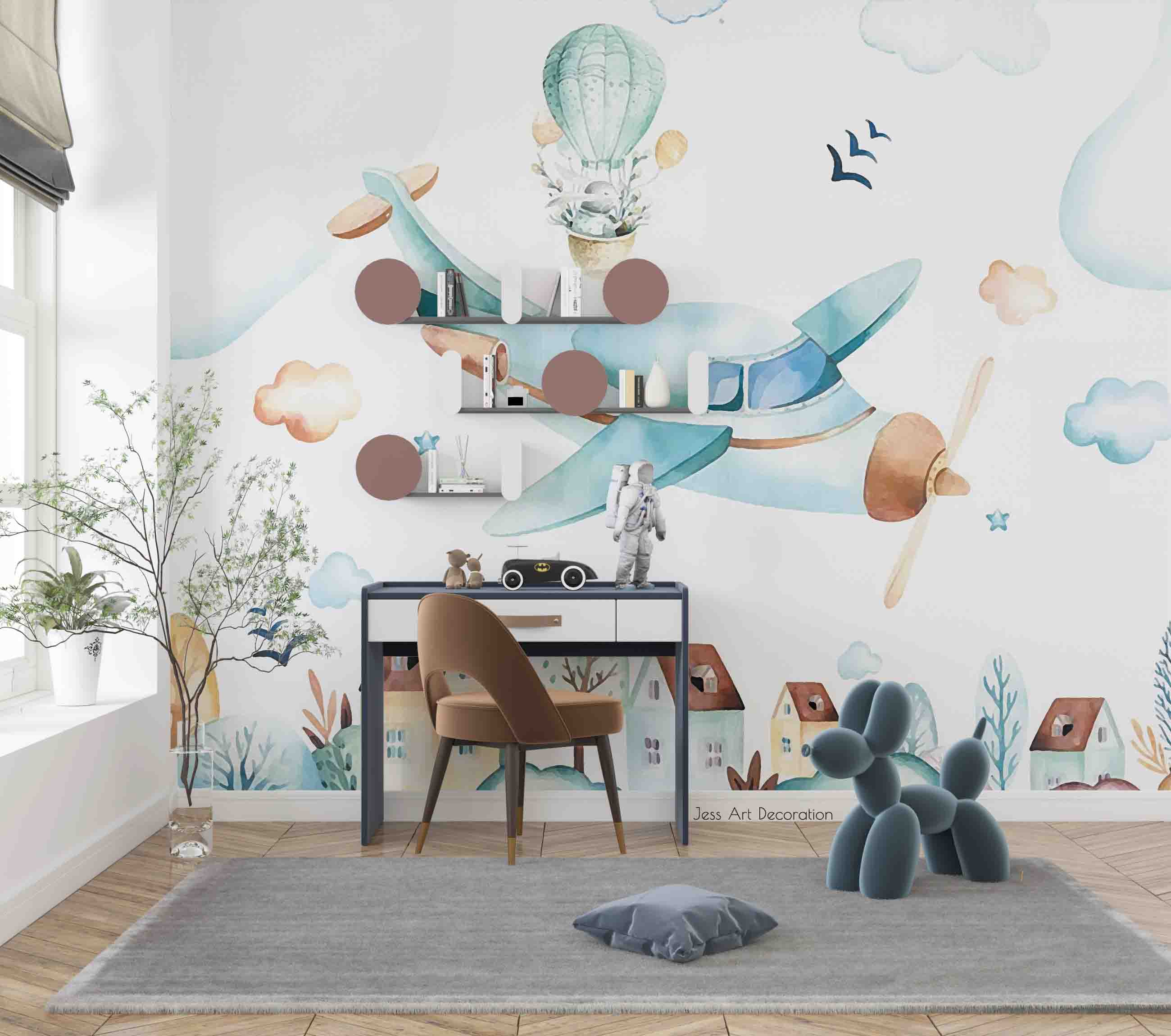 3D Watercolor Airplane Hot Air Balloon Rabbit Building Wall Mural Wallpaper Gd 2782