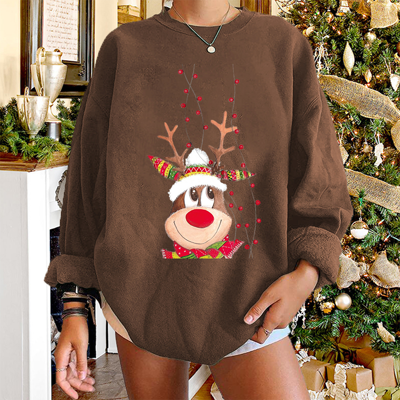 Women Crewneck Long Sleeve Loose Hoodie Sweatshirt Tops Women Clothes Cute Cartoon Christmas Reindeer Print Funny Sweatshirt alx