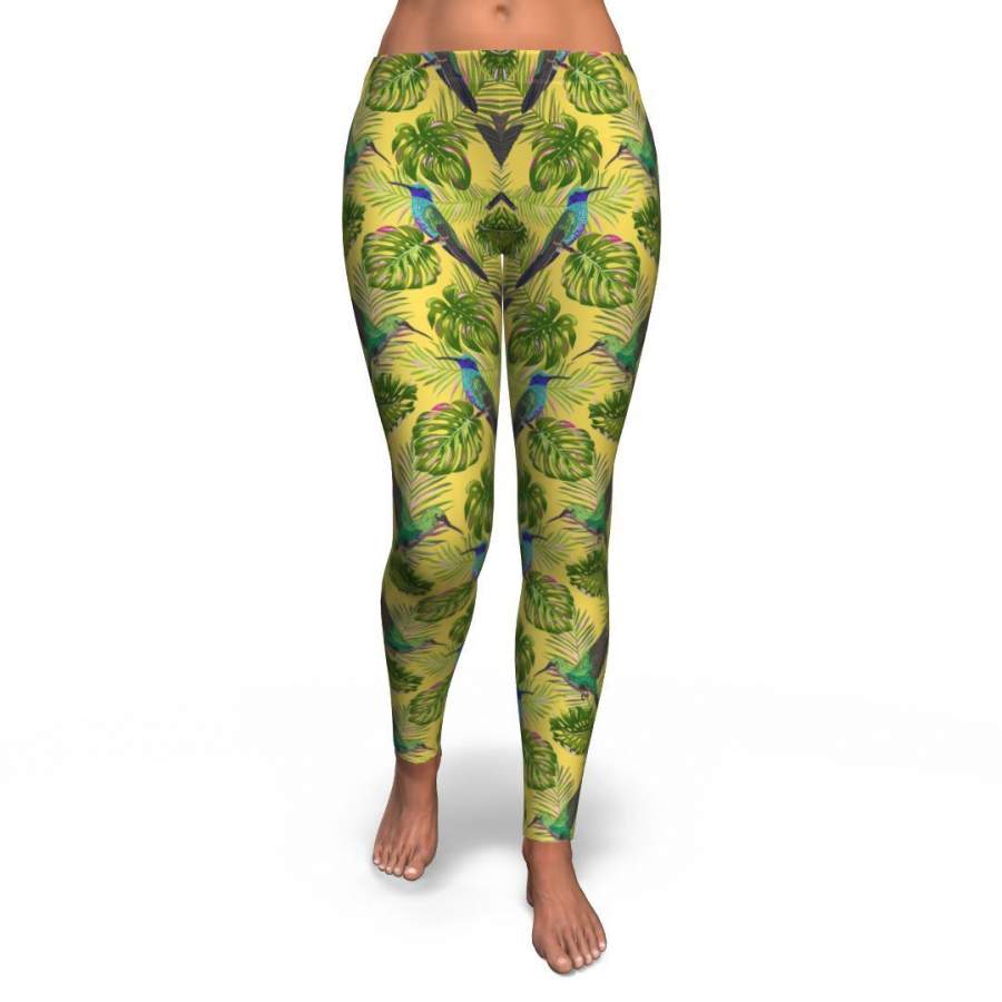 Hummingbird Palm Leaves Pattern Print Pattern Women Leggings